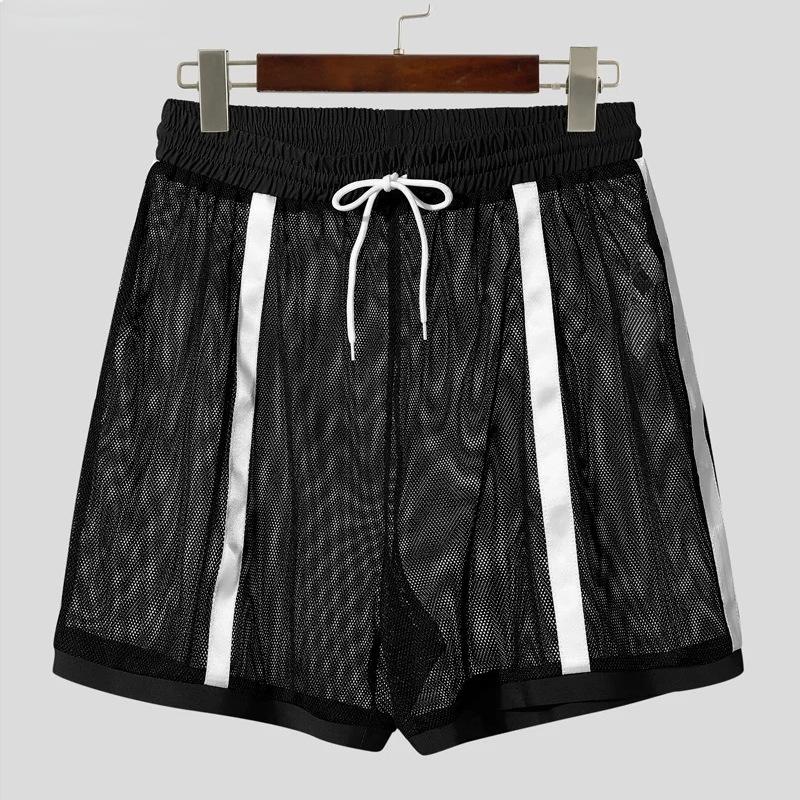 Pantaloncini Estivi Sottili alla Moda da Uomo in Rete Sexy Trasparenti con Strisce a Contrasto Pantaloni Sportivi Casual