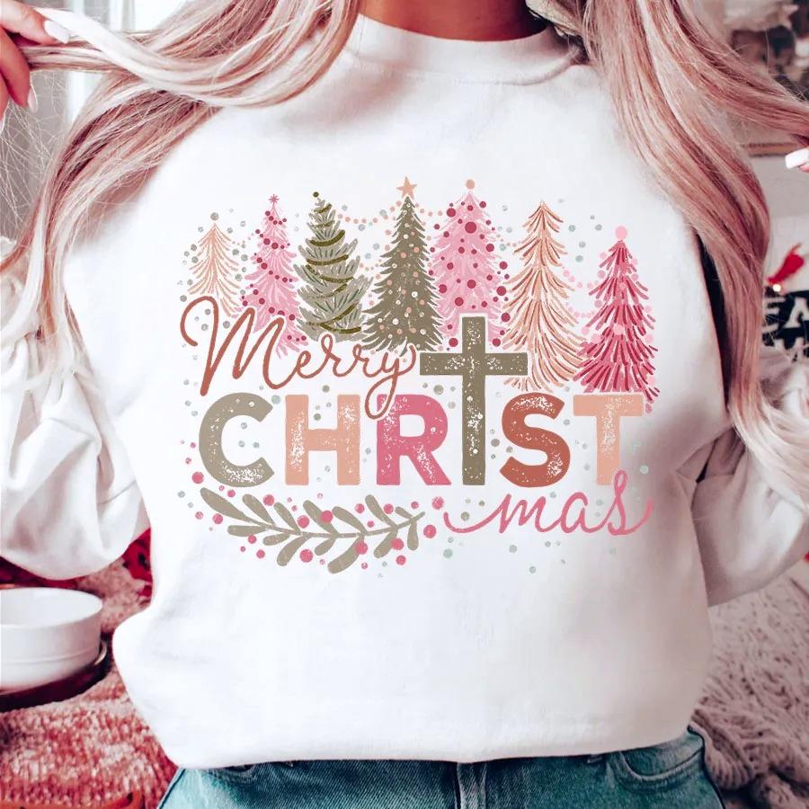 

2026 New Merry Christmas Tree Printed Sweatshirts Festive Season Winter Xmas Women Clothing Funn Streetwear Holiday Y2k Tops S