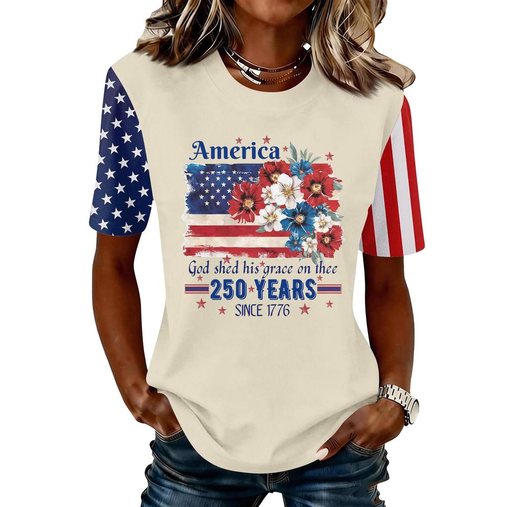 Blusa Feminina da Moda Casual de Manga Curta com Estampa e Gola Redonda