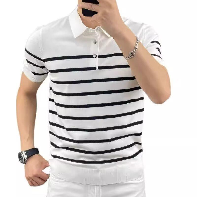 Men's Ice Silk Striped Polo Shirt - Light, Short-Sleeved, Summer 2024 Trend