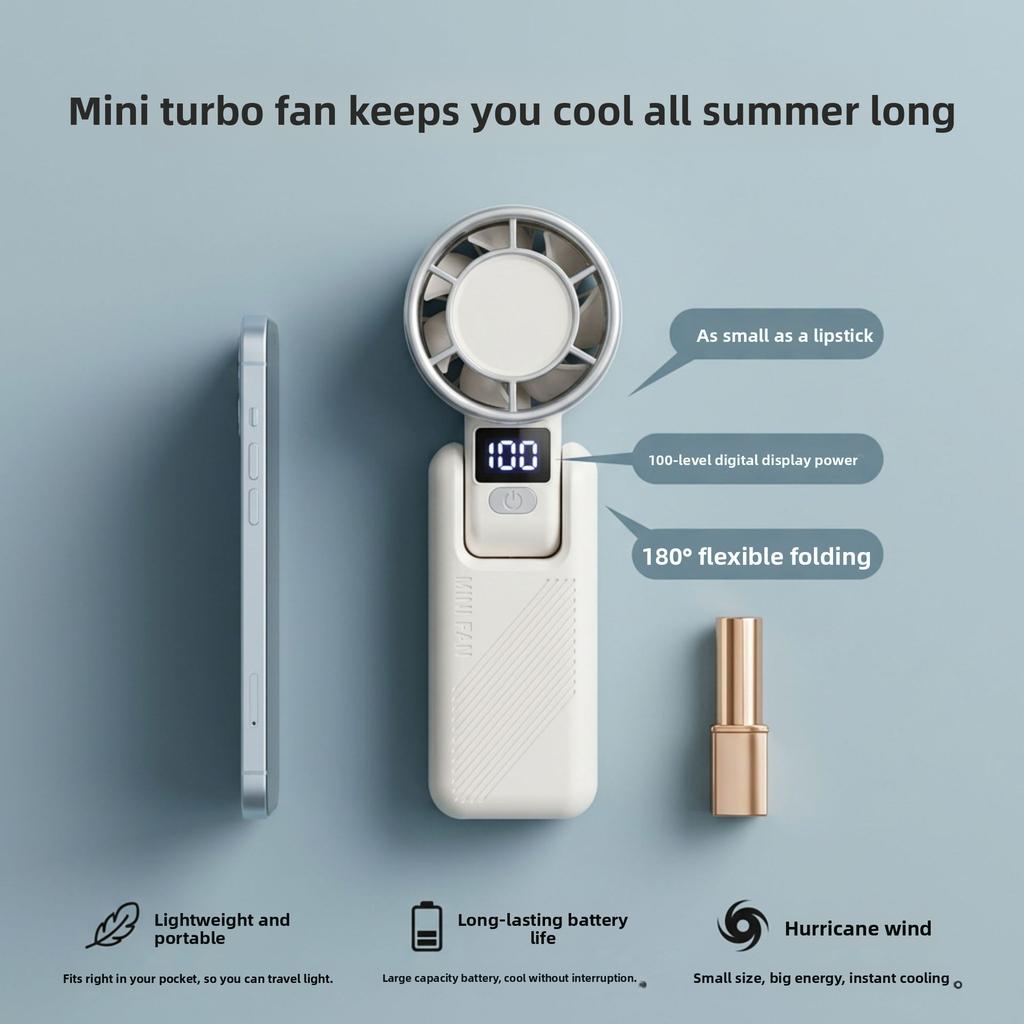 Digital Display Turbine Handheld Fan with Screen, Foldable and Portable, Neck-mounted, Variable Speed Without Limit, Handheld Fan