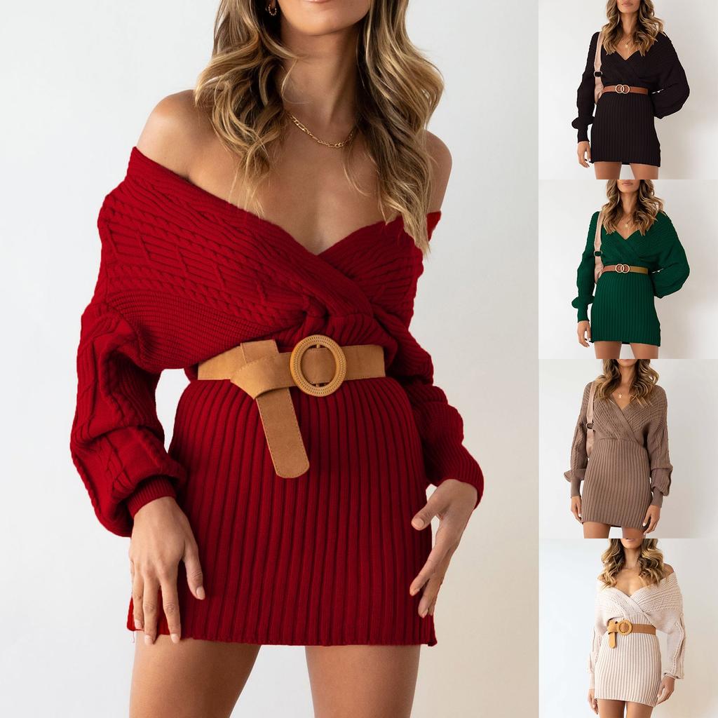 Lässiger V-Ausschnitt, sexy, verdrehter, mittellanger Damenpullover, Hüftrock