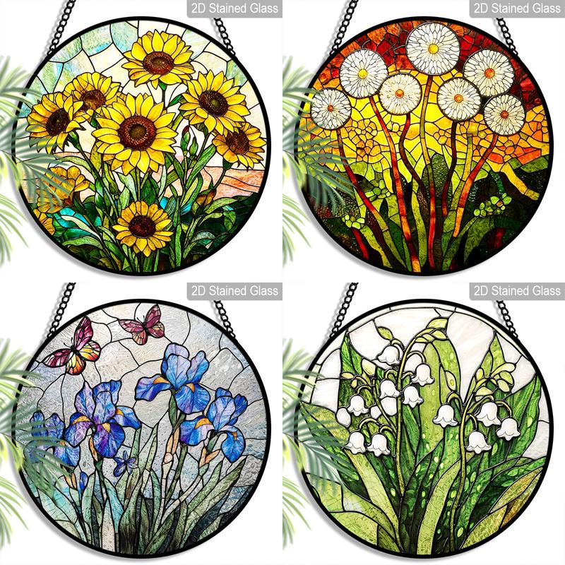 2D Flat Stained Glass Flower Window Decoration Colored Glass Plate, 7.87inches Hanging Ornament with Chain, Charming Spring Summer Sun Catcher Home