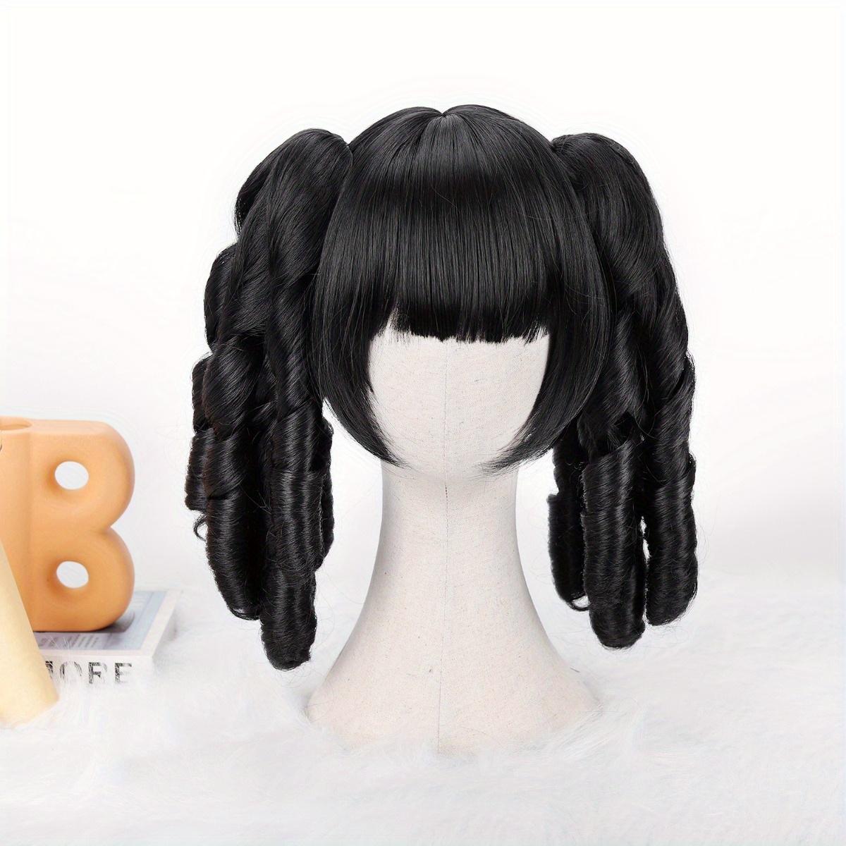 Черный Двойной Плетеный Парик-Хвост Косая Челка Спирально Кудрявый Пушистый Многослойный Блестящий Мягкий Синтетический Косплей Аниме