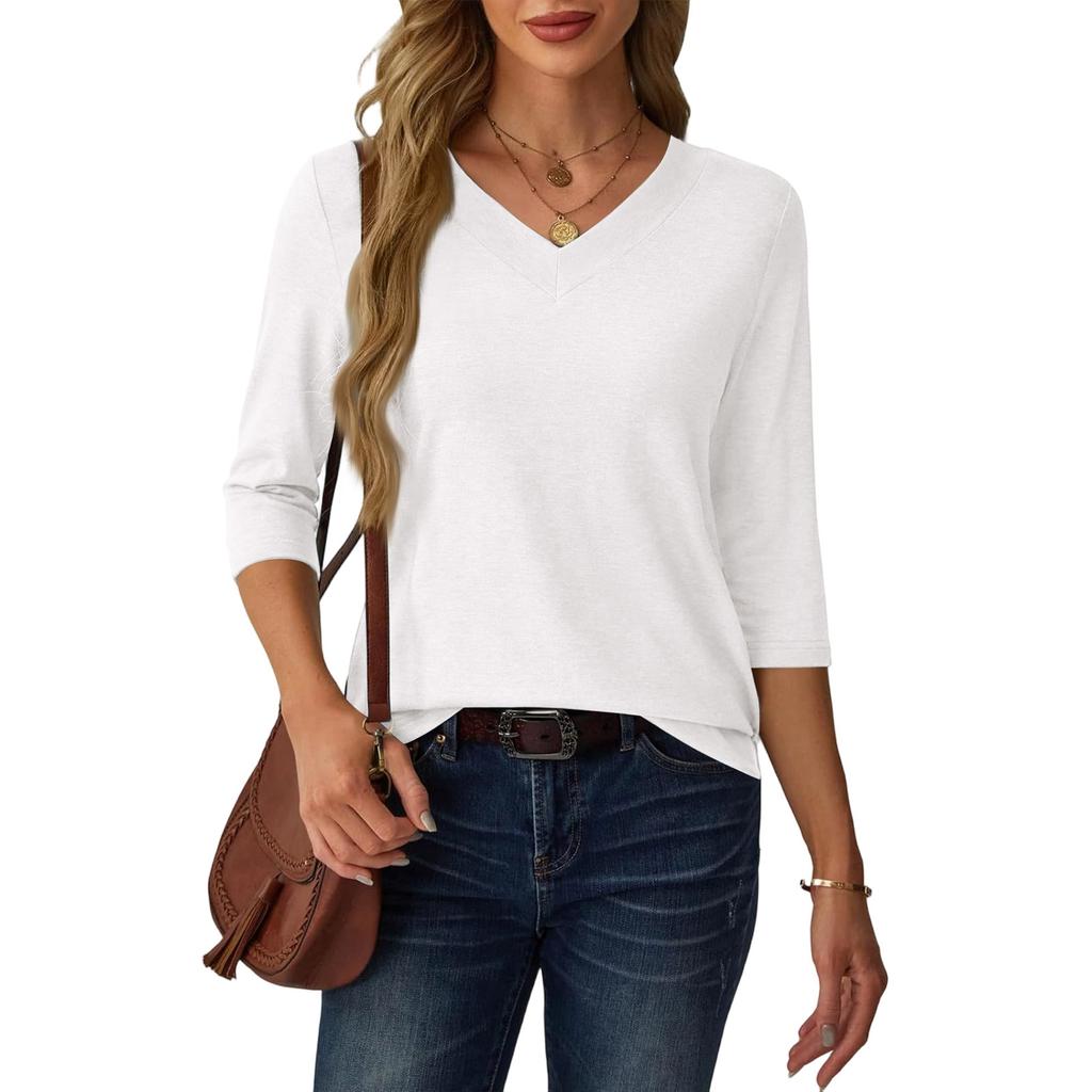Women's Casual Loose Fit V Neck Pullover Top Three Quarter Sleeve Lightweight Blouse for Everyday Wear