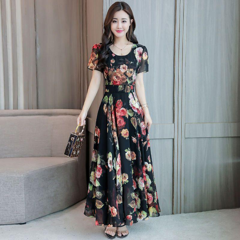 Damen Plus Size Koreanisches Sommerkleid mit Print, weiterem Saum und Rundhalsausschnitt