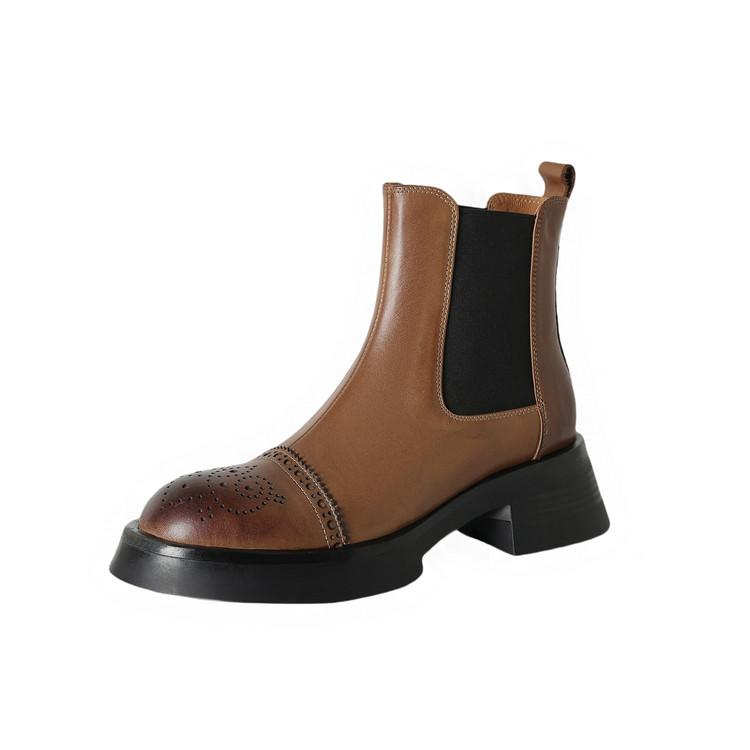 Fashion New Autumn/winter Genuine Leather Women Boot Round Toe Shoes for Women Fashion Brogue Designs Chelsea Boots Mid Heel Short Boots