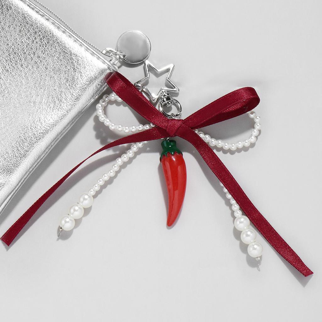 Weinrote Schleife Kirschanhänger Schlüsselanhänger Damen Süße Weiße Perle Schleife Rucksack Schlüsselring Schmuck Taschen Dekoration Freundschaftsgeschenke