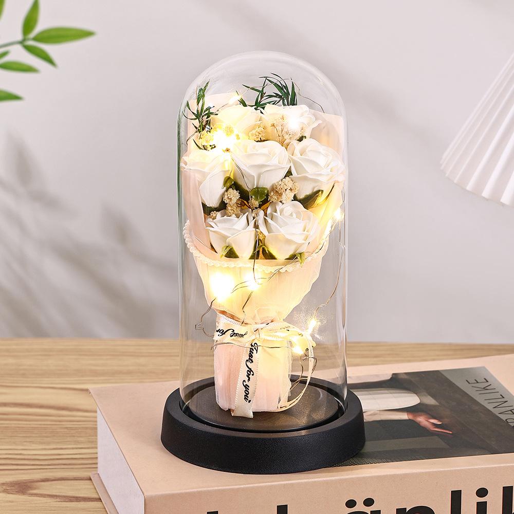 Qixi Festival Valentine's Day Gift Pearl Yarn Eternal Flower Rose Glass Cover Creative Birthday Gift Ornament