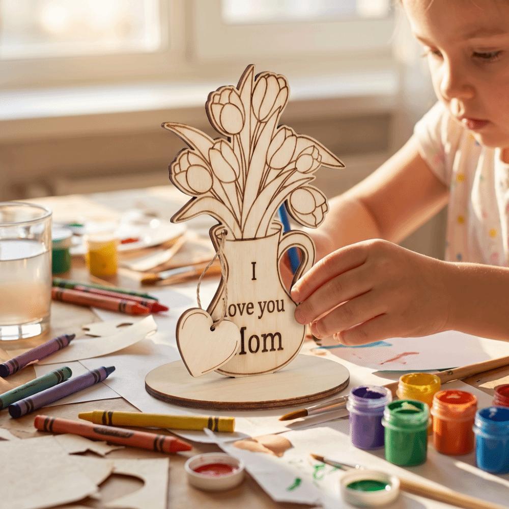 DIY Wooden Flower Ornament Funny Creative Flower Painting Crafts Decoration Wooden Rose Tulip Chips Gifts Supplies