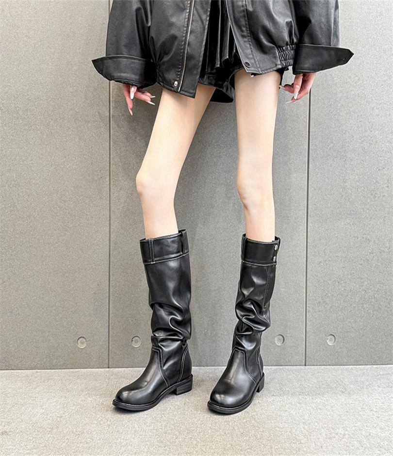 British Style Pleated Piled Boots, Women's Knees Are Thin, Big Tube Circumference Boots, Thick Heel Thick Knight Boots