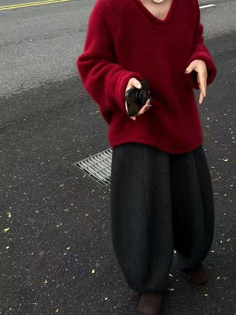 Women's V-Neck Red Wool Sweater - Oversized, Long-Sleeve, Autumn/Winter Knit Base Layer.