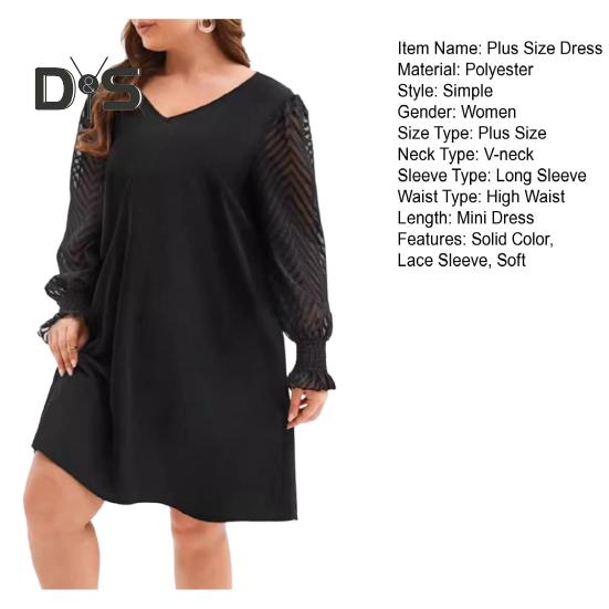 Plus Size Dress V-Neck Hollow Lace Stitching Flared Long Sleeve High Waist Mini Dress Solid Color Casual Mini Dress