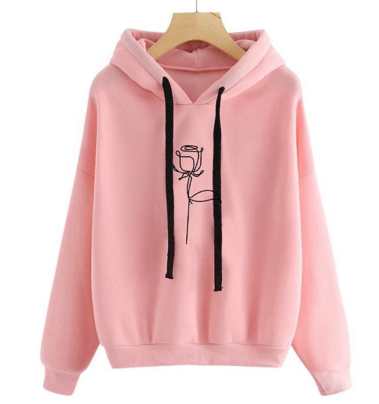 2025 Women's Drawstring Hooded Sweater Rose Print Loose Long Sleeves