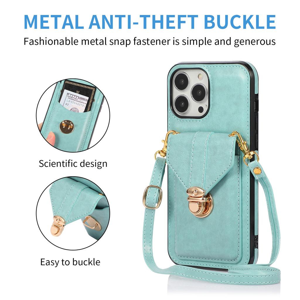 For iPhone 16 Pro Case Card Holder Kickstand PU Leather+TPU Phone Cover with Shoulder Strap