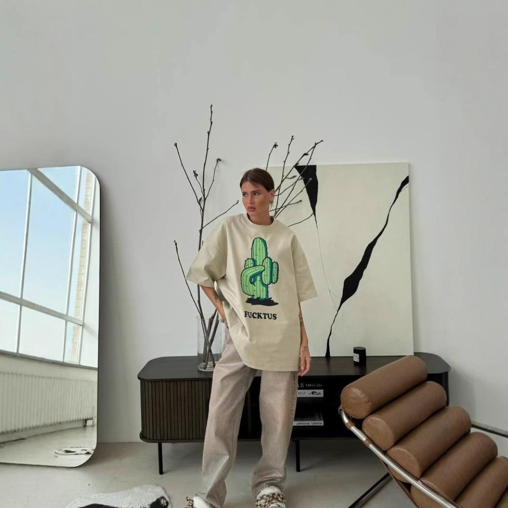 Hirsionsan Kaktus Grafik Bedrucktes T-Shirt Damen Sommer Cotto