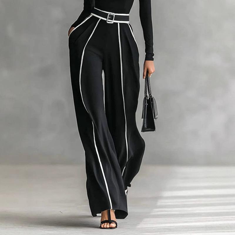 Women S Elegant Stand Collar Contrast Trim Waist Slimming 1 2 Sleeve Knit Wide Leg Pants Two Piece Set