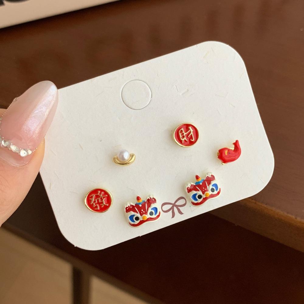 Good Luck Lion Dance Earrings Set Tassel New Year Earrings Trendy Bell Ear Studs  Ear Accessories