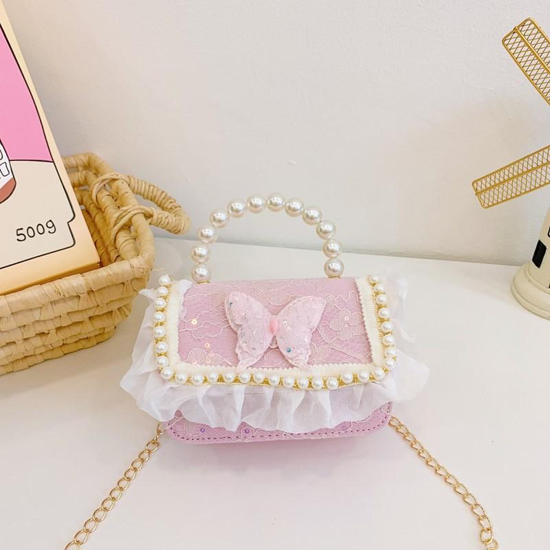 

Stylish Lace Cute Childrens Bag Beautiful Butterfly Pearl Handbag For Girls Toddler Pink Butterfly