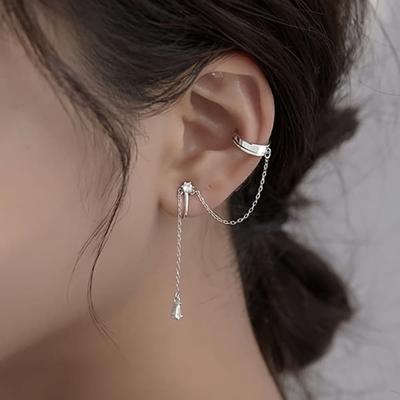 Anillo de Mujer Chapado en Plata 925 y Manguito de Oreja de Cadena Larga Cúbica