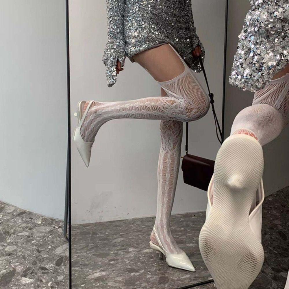 Lace Flower Mesh Pantyhose Nylon Suspender Stockings Retro Thigh High Stockings  Night Club