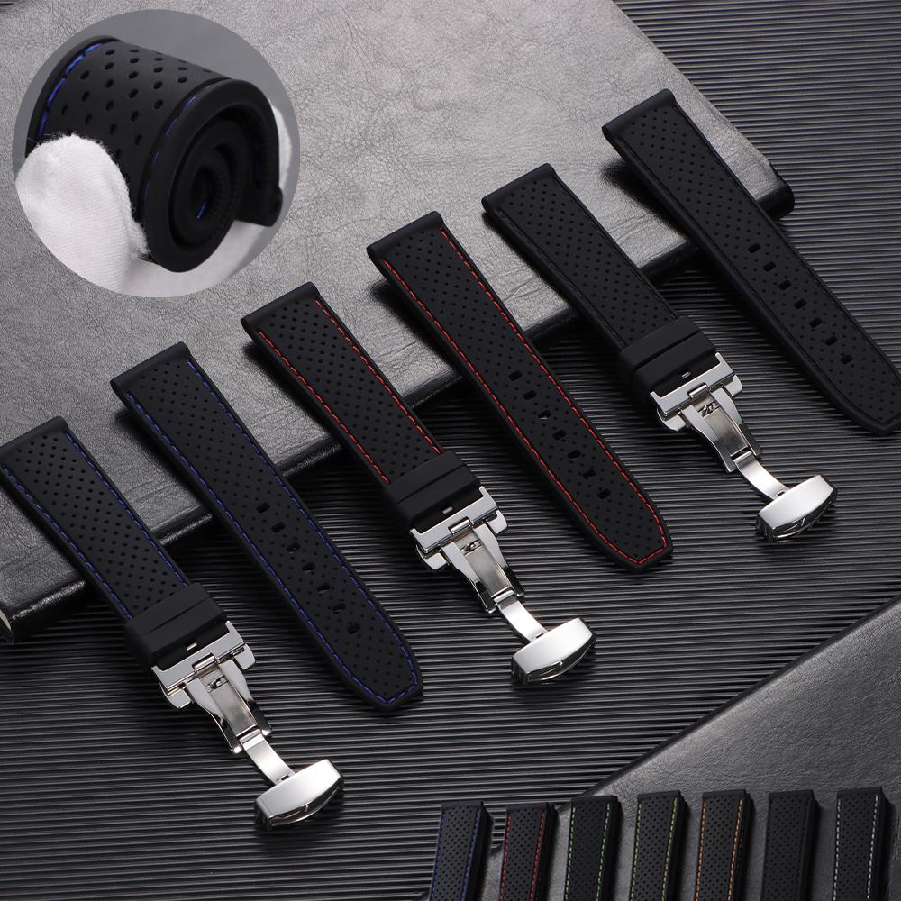 20mm 22mm Silicone Strap Waterproof Soft Rubber Watch Band Breathable Bracelet Universal Replacement Wristband Butterfly Buckle