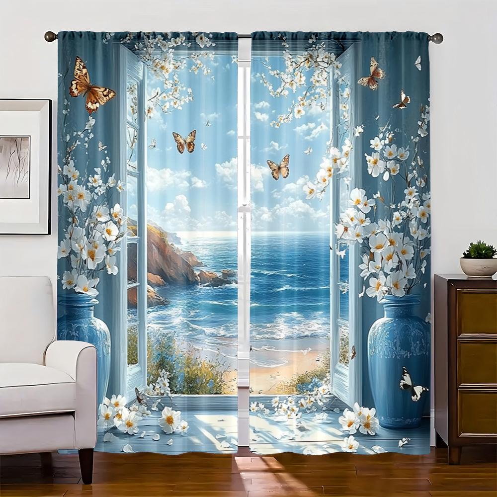 2pc,  Curtain Seaside landscape and white flowers Butterflies Fabric,Without Electricity Versatile for Holiday Family Party