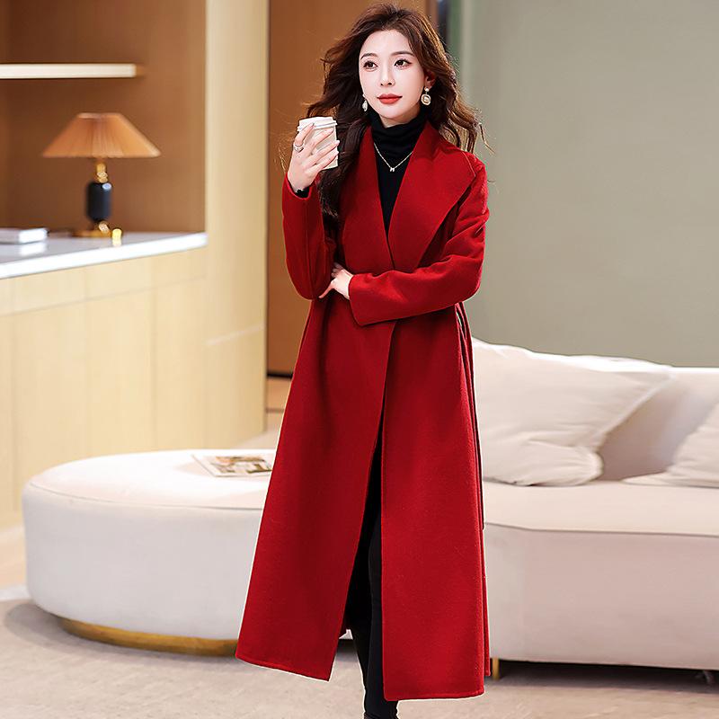 Red Double-sided Wool Coat Women's Extended Autumn and Winter New Wedding Thin Temperament Wool Coat
