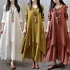 Muslim Women Abaya Loose Baggy Maxi Dress Casual Cotton Linen Kaftan Long Sleeve Irregular Design Robe Plus Size M To 5XL