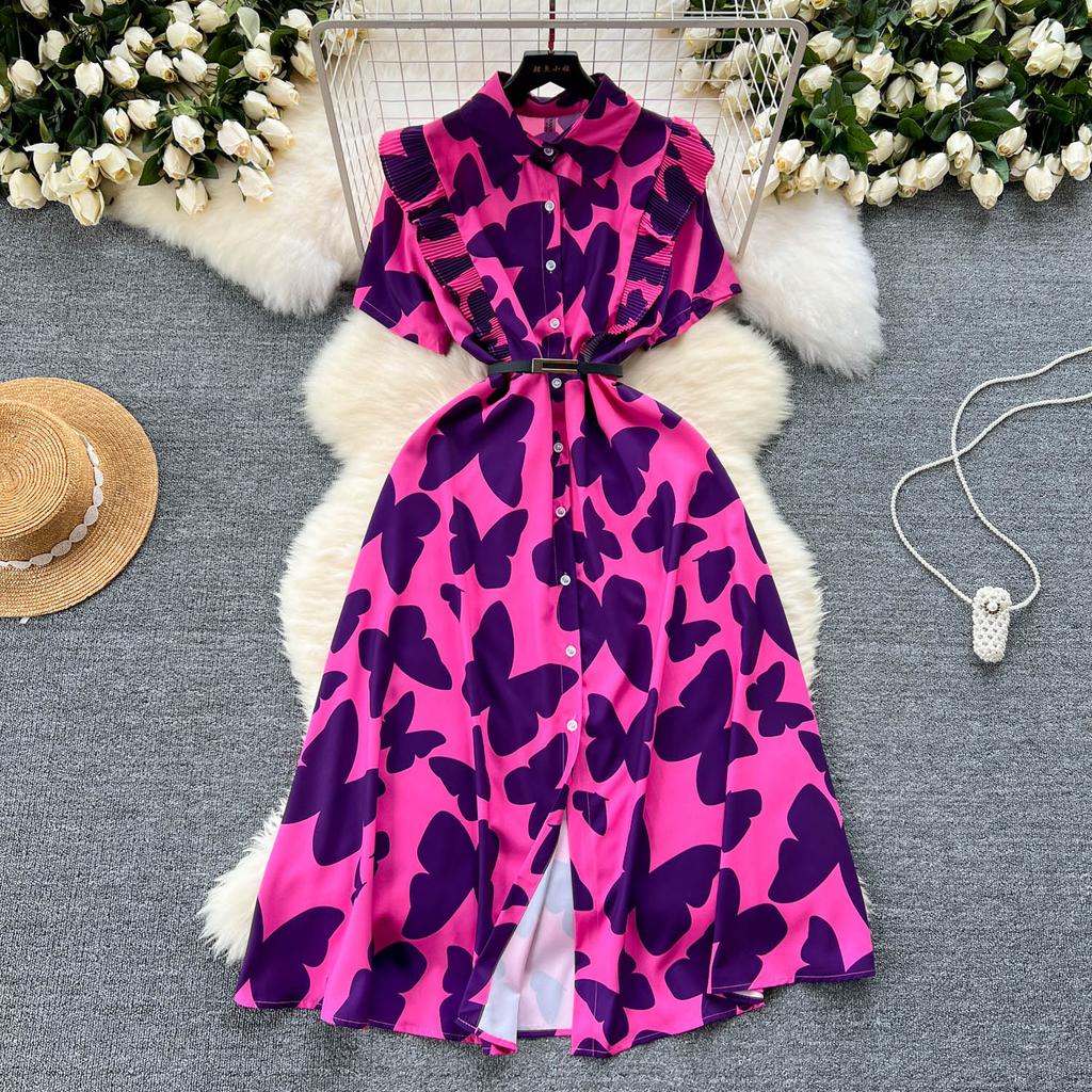 Šik Elegantní Potisk Jedlá Stromová Houba Krátký Rukáv Elegantní Zavinovací Límec Bodycon Šaty Módní Štíhlé Letní Šaty