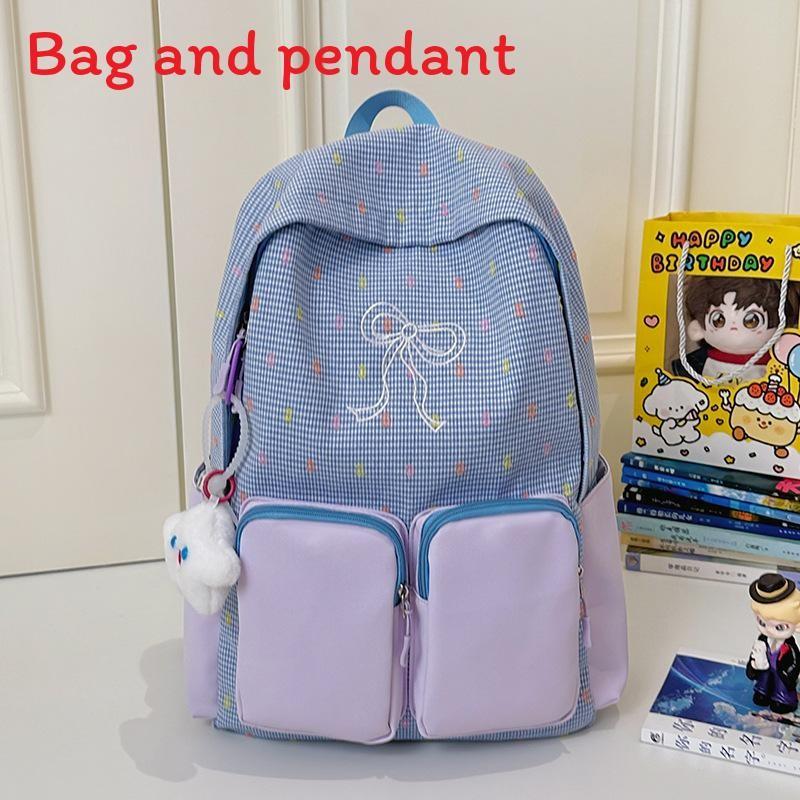 Blocked Color Fashion Bow Embroidery Colorful Polka Dot Pattern Backpack Student Blue Purple