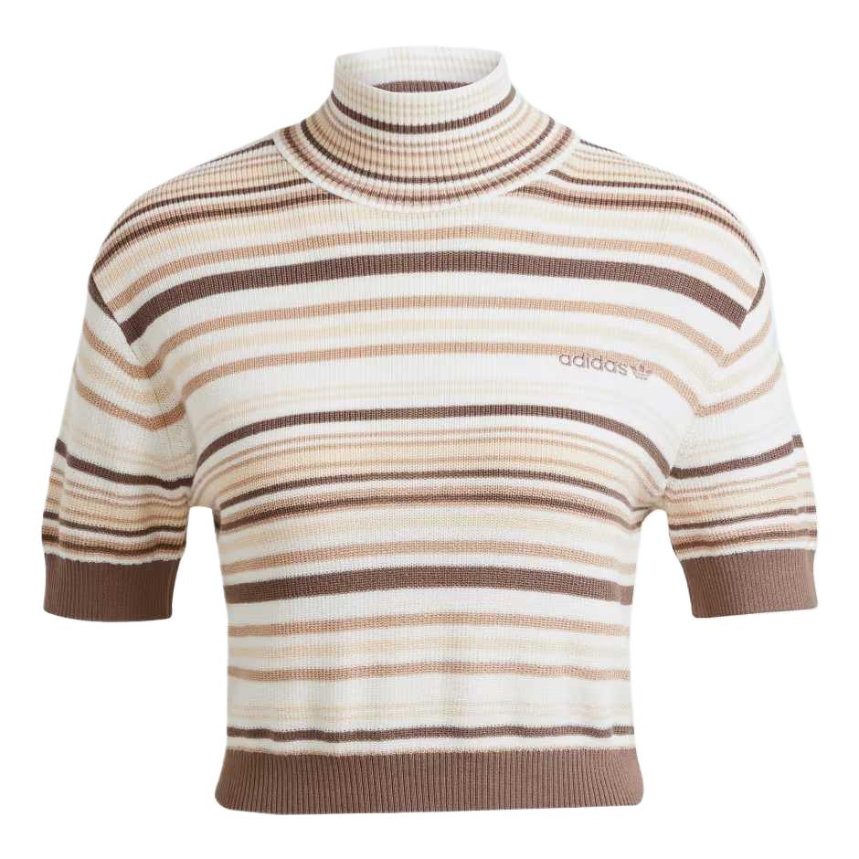 Adidas Cropped Striped Turtleneck Windproof Comfortable Soft Knit Top Women Tops Gray White JD3593