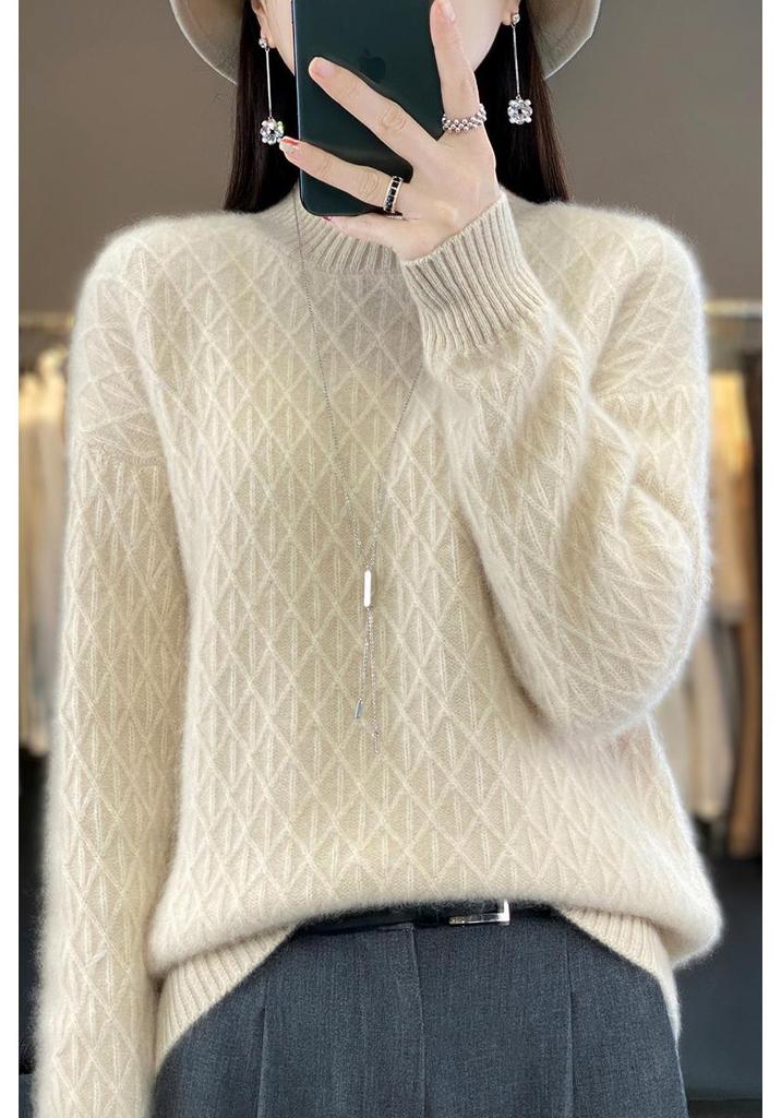 2023 Loose Fit High Neck Wool-Blend Sweater with Diamond Pattern for Autumn & Winter