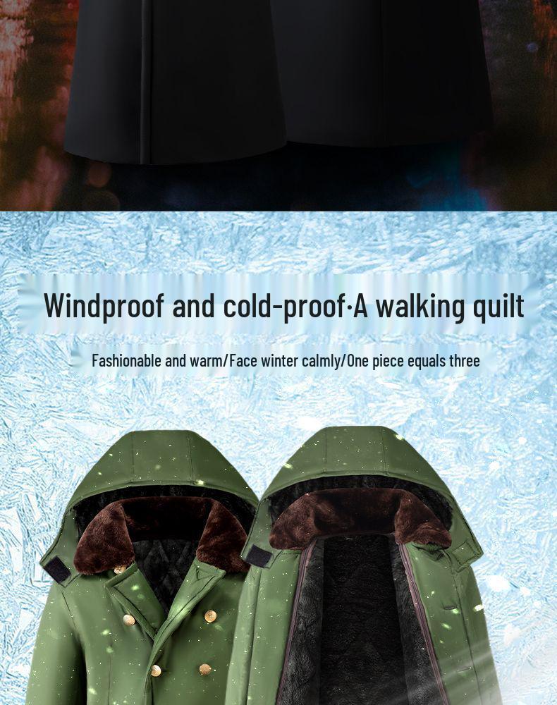 Men's Extra Long Winter Coat - Army Green, Waterproof, Windproof, Thickened Cotton with Removable Velvet Lining, Coldproof for Northeast Winters.