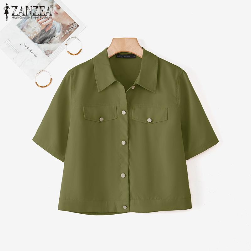 ZANZEA Women Casual Turn Down Collar Loose Summer Half Sleeve Blouse