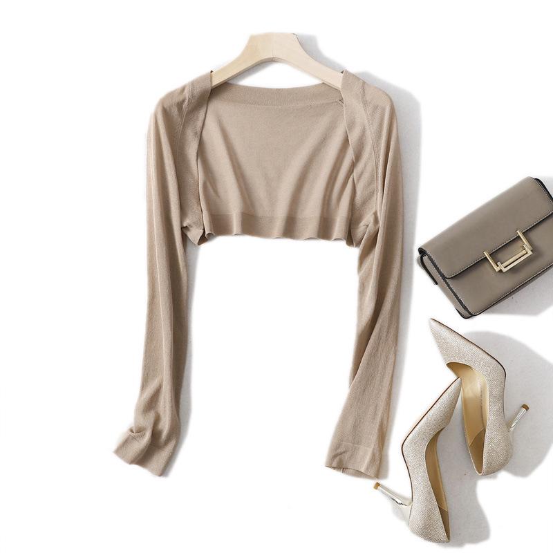 

Women s Ultra-Short Knitted Cardigan - Lightweight, Long-Sleeve Shrug for Summer. Ideal with Camisole Dresses. One Size хакі