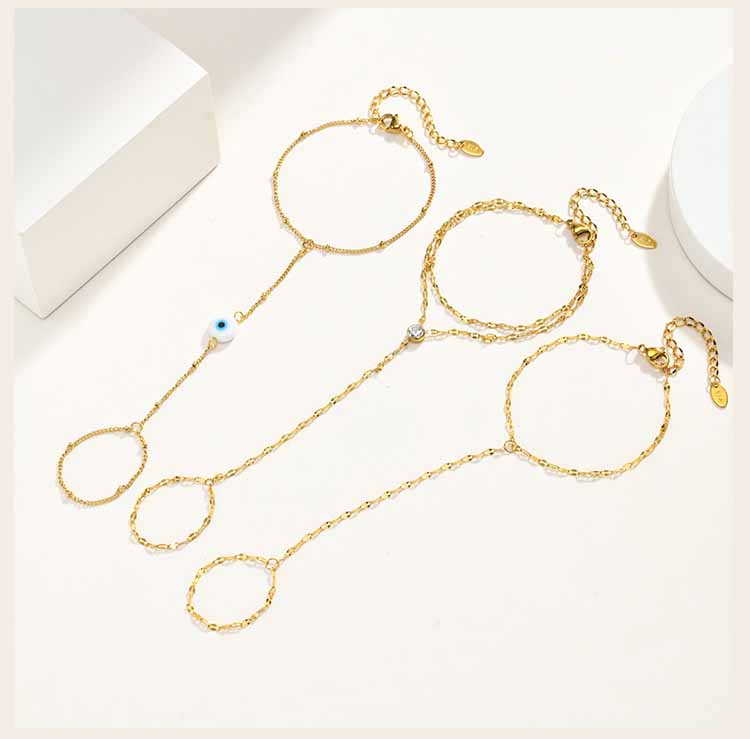 Stainless Steel Finger Ring Bracelet for Women, 18K Gold Plated Waterproof Hand Chain Tarnish Free