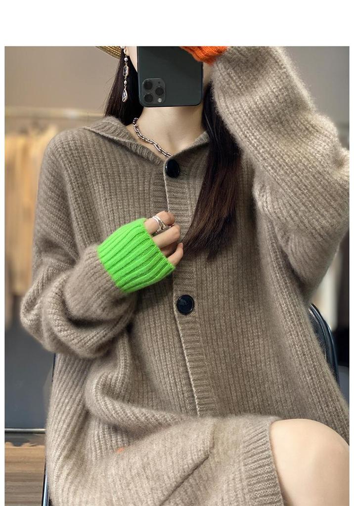 Women's Color Block Wool Trench Coat - Thick Hooded Loose Fit Cardigan