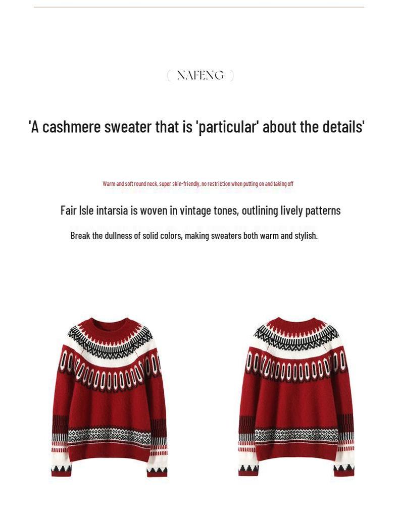 Artistic Retro Fair Isle Cashmere Sweater: 2025 Autumn/Winter Collection, Round Neck, Thick Knitwear, Loose Fit Fashion Base Layer