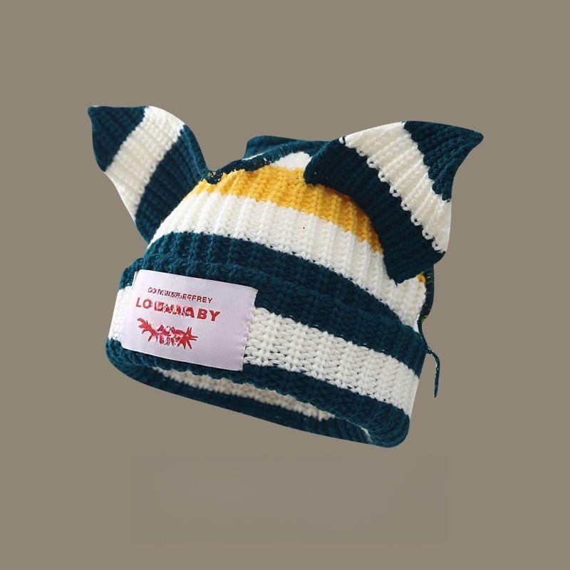 1PC Cute Keep Warm Knitted Hat Festival Spliced Colors Fashionable Pig Ears Thickened Gathering Take Photos New Style