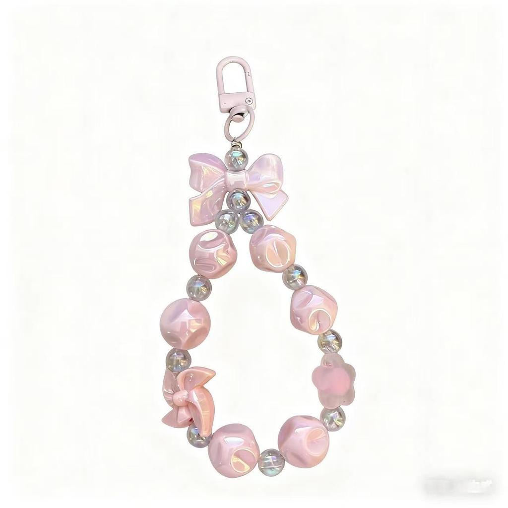 Dopamin Girly Blume Schleife Perlen Handykette & Lippenstift Halter Schlüsselanhänger