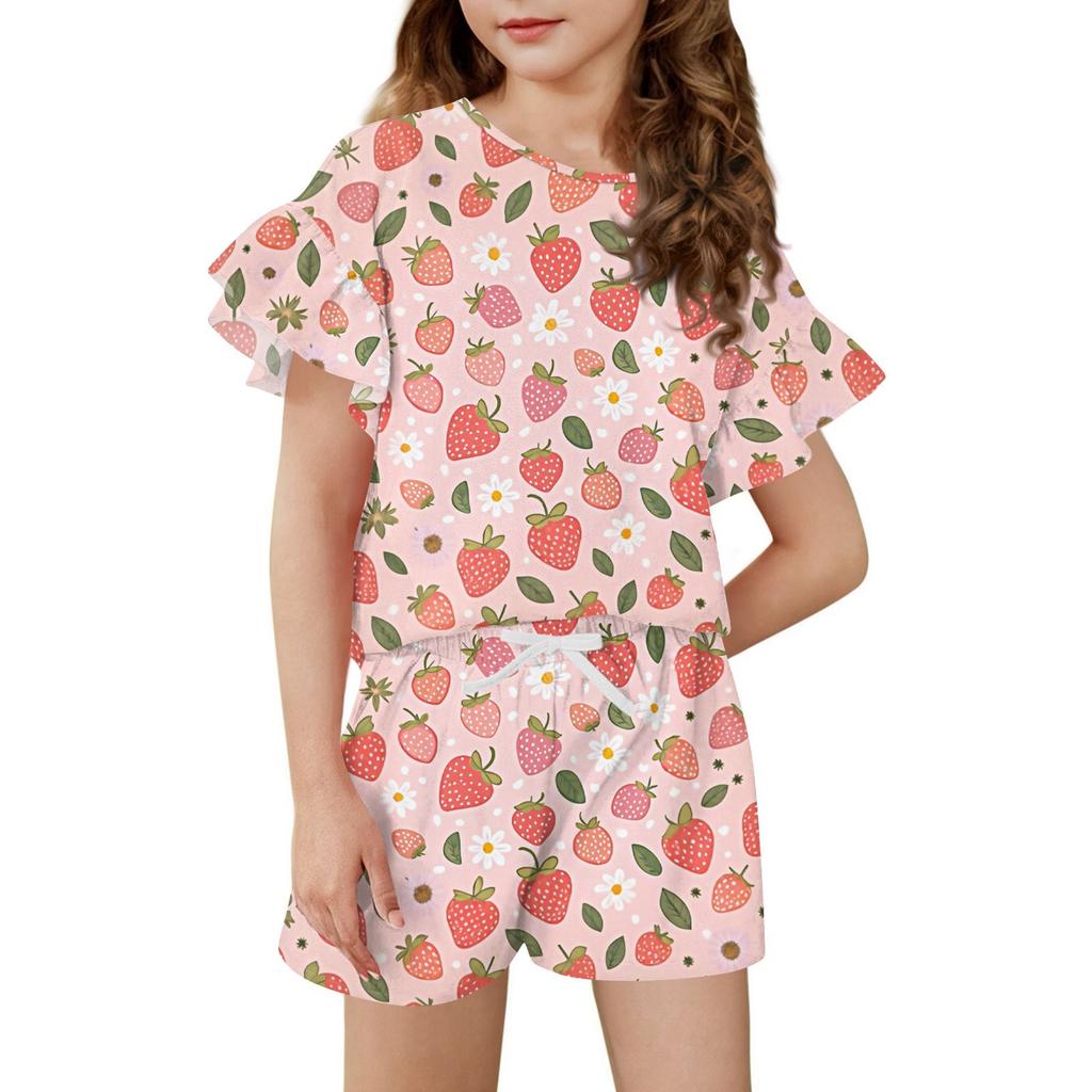Girls' Summer Outfit Ruffle Sleeve Top And Shorts Clothing Set Lightweight Casual Two Piece