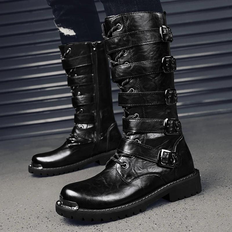Men's Motorcycle Boots Mid-Calf Knight Men Boot Punk Hippie Rivets Zip Buckle Gentleman Male Flat Shoes Man  Plus Size 38-46