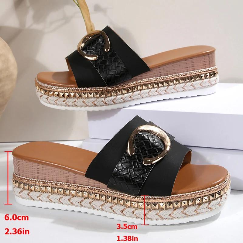 Metal Buckle Slip On Sandals Women Plus Size 43 Fashion Rivet Wedge Slides Women Metal Decor Platform Slippers Summer Sandalias