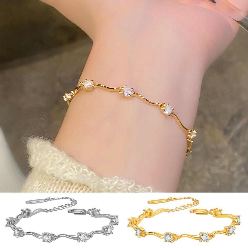 2pcs Thin Couple Bracelets Rhinestone Light Luxury Bracelet Trendy Crystal Wave Bracelet  Friends
