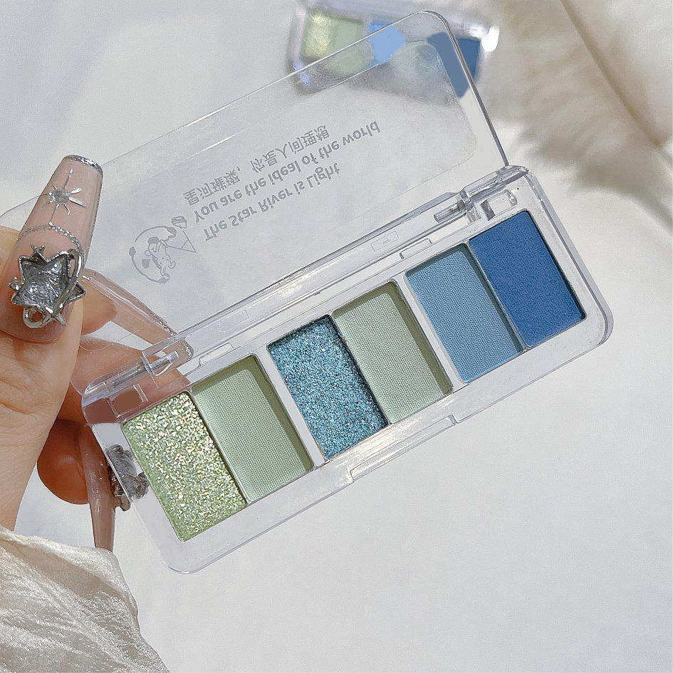 JADED Vashda: Lively Six-Color Eyeshadow Palette - Dopamine Cool Blue-Green & Pink Tones, Portable with Mirror