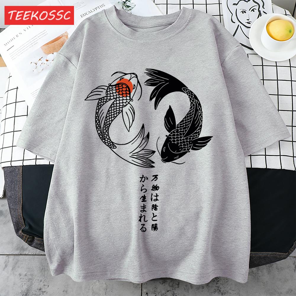 Two Koi Fish Swimming In Waterprint Men TShirts Cotton AllMatch T Shirt Comfortable Crewneck Tops Loose Unisex Summer Clothes