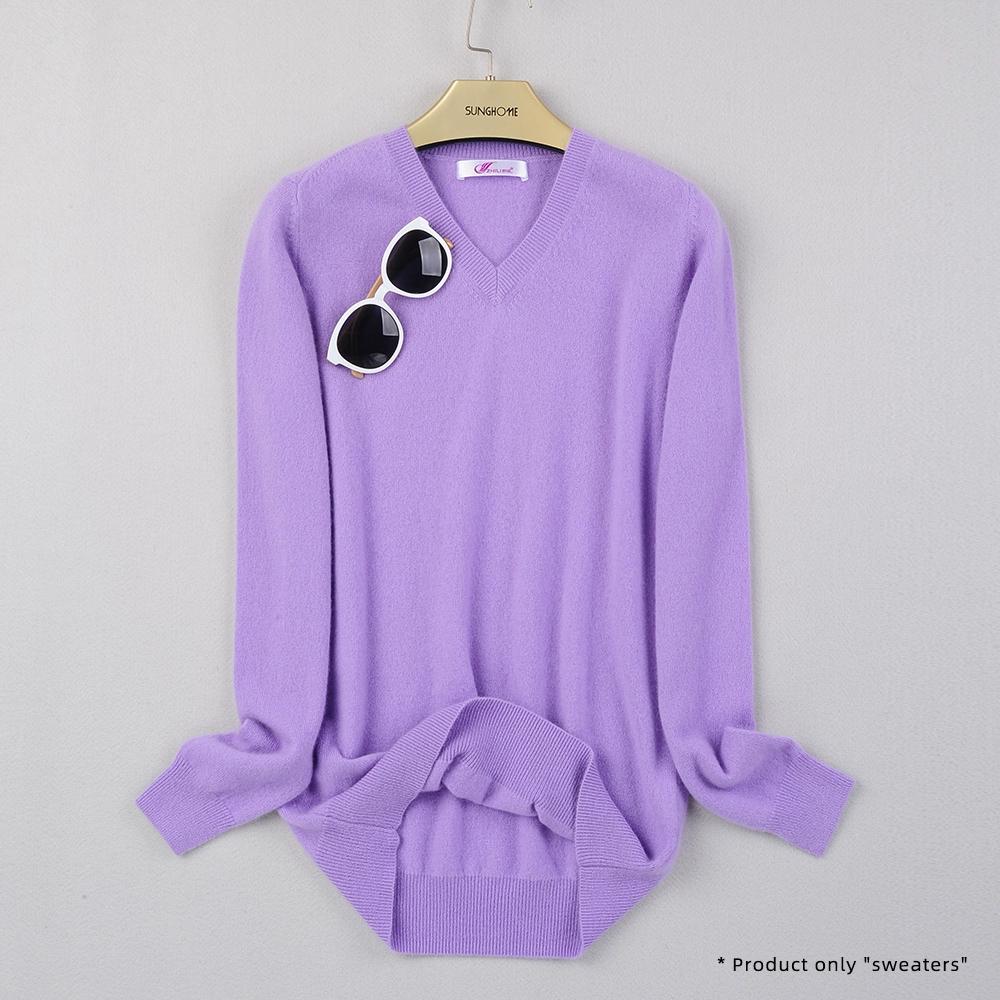 Women's V-neck Cashmere Sweater Warm Long Sleeved Sweater Solid Color