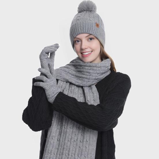 3Pcs/Set Women Hat Scarf Gloves Set Solid Color Twist Texture Thermal Lining Pompon Design Knitting Hat Long Scarf Gloves Set