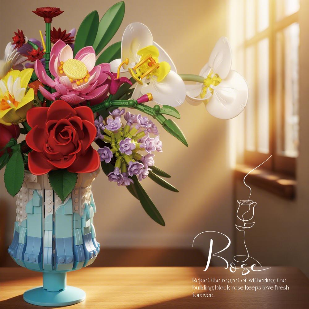 Non-Toxic 956Pcs Preserved Flowers Building Blocks Rose Daisy Lily Bouquet Vase Model Bricks Home Decoration Ornaments Kids Toys Gifts